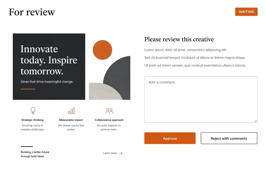 The Liftwork approval screen, with a piece of creative waiting on approve or reject with comments.