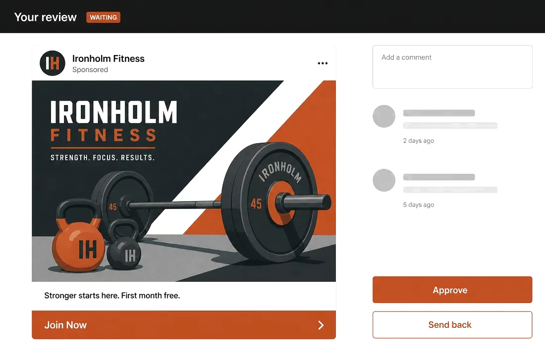 The review screen: a sample Instagram ad for a fictional gym on the left, comments on the right, and two choices, approve or send back.
